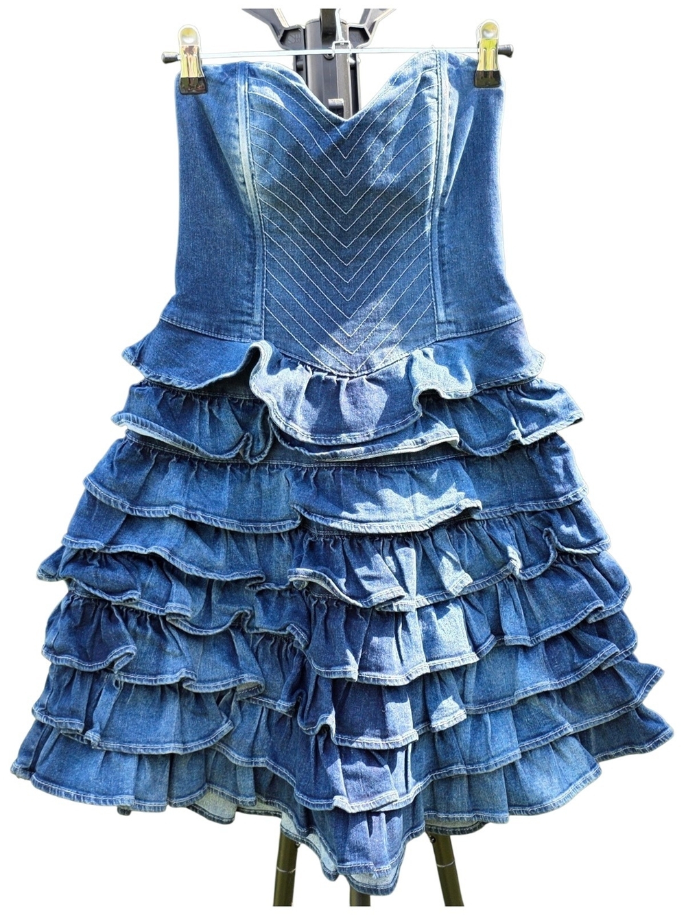 GUESS Blue Denim Ruffle Tiered Skirt Strapless Sweetheart Dress Size 5 Y2K